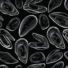 Wall Mural - mussels food, hand drawn chalk vector seamless pattern isolated on dark background. Concept for logo, menu, cards print, wallpaper wrapping paper