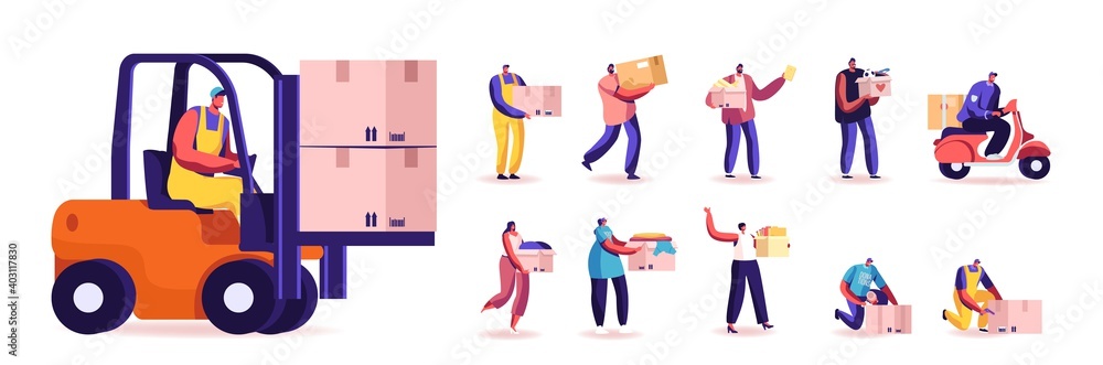 Set of Male and Female Characters with Boxes. Men and Women Work in Cargo Logistics and Warehouse. Donation, Parcel - obrazy, fototapety, plakaty 