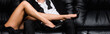© LIGHTFIELD STUDIOS - partial view of seductive woman in high heels lying on man in suit, banner