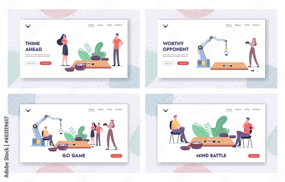 Strategy Game Landing Page Template Set. Characters and Robot Playing Gobang or Go Game Board with Course and Bowls - obrazy, fototapety, plakaty 