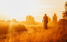 Cyclist On A Gravel Bike Riding On A Dusty Trail In A Field At Sunset. Selective Focus.