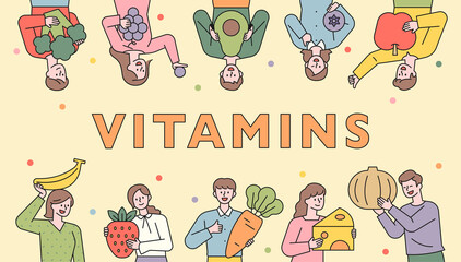 Wall Mural - people banner recommending healthy food. many people each have large fruits and vegetables. flat des
