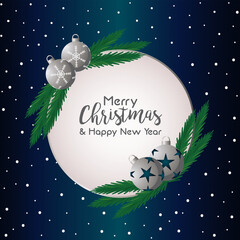 merry christmas and happy new year lettering card with silver balls
