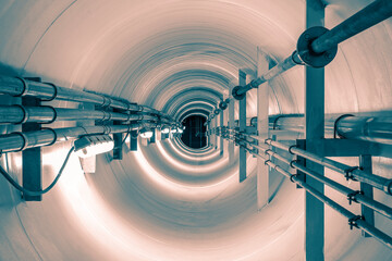 Confined space inside underground tunnel. Construction from engineering technology for infrastructure i.e. power line or cable, steel pipe in perspective view. To transport water, gas and electricity.