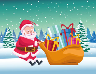 Sticker - cute santa claus with gifts bag in snowscape scene