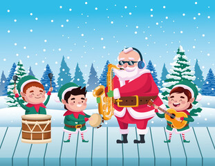 Sticker - cute santa claus and helpers playing instruments snowscape scene