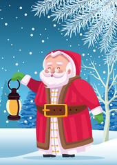 Sticker - cute santa claus with lantern in snowscape scene