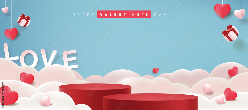 Valentines day background with product display and Heart Shaped Balloons.   - obrazy, fototapety, plakaty 
