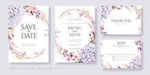 Wedding Invitation, Save The Date, Thank You, RSVP Card Design Template. Vector. Hydrangea And Cherry Blossom Flowers.