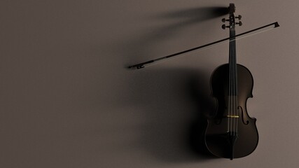 Brown classic violin on brown plate under spot lighting background. 3D sketch design and illustration. 3D high quality rendering. 3D CG.