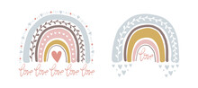 Set Of Cute Illustrations With Abstract Full Color Rainbow. Striped Arch In Vintage Pastel Colors With Hearts. Simple Vector Clipart Illustration Isolated On White Background