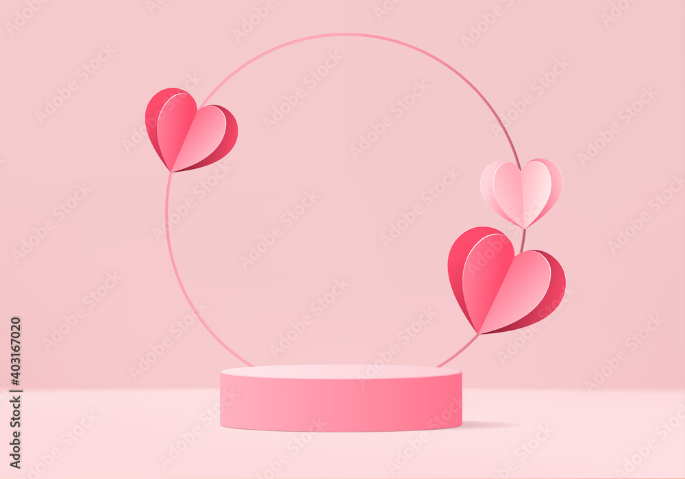 3d background products valentine podium in love platform. heart background vector 3d rendering with cylinder. podium stand to show cosmetic products. Stage romance showcase on pedestal pink studio - obrazy, fototapety, plakaty 