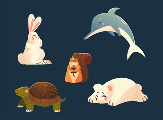 Poster - dolphin rabbit squirrel turtle and polar bear nature cartoon animals