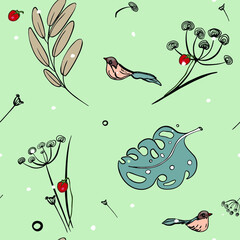 Wall Mural - Freehand seamless illustration of winter bird, plants, dried flowers on pastel green, mint background. Floral vector pattern for designers, postcards, wallpapers.