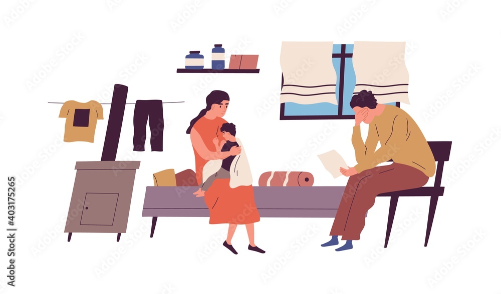 Poor family have no money to pay bills vector flat illustration. Miserable jobless father holding receipt worrying about payment isolated. Unemployment and financial problem, crisis or bankruptcy - obrazy, fototapety, plakaty 