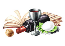 Passover Seder Traditional Meal. Pesach Card.  Concept Of Jewish Religious Holiday . Watercolor Hand Drawn Illustration, Isolated On White Background