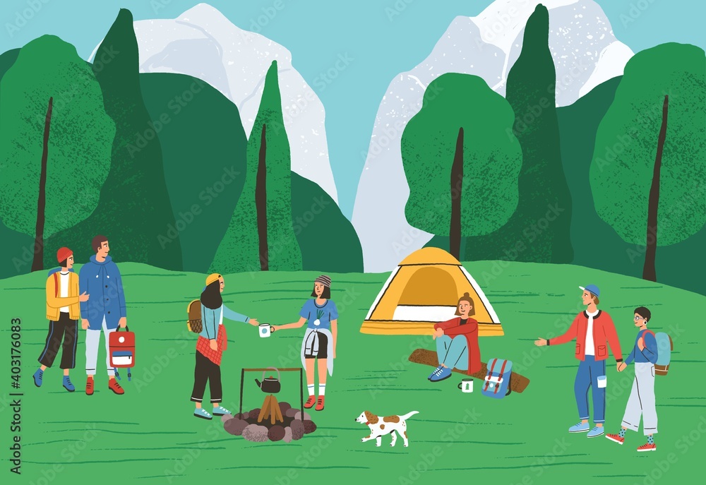 Group of active people spending time at camping in forest vector flat illustration. Backpackers and hikers relaxing near tent and campfire. Tourists enjoying outdoor recreation and summer landscape - obrazy, fototapety, plakaty 
