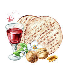 Red Kosher Wine In The Glass, Spring Flower And Matzah Or Matza. Passover Seder Meal. Pesach. Watercolor Hand Drawn Illustration Isolated On White Background