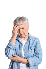 Sticker - Stressed senior woman suffering from headache isolated on white background