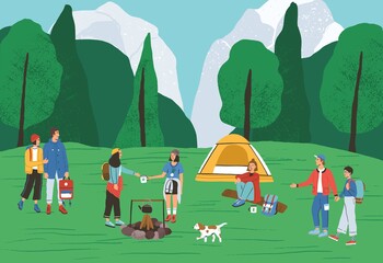 Canvas Print - Group of active people spending time at camping in forest vector flat illustration. Backpackers and hikers relaxing near tent and campfire. Tourists enjoying outdoor recreation and summer landscape