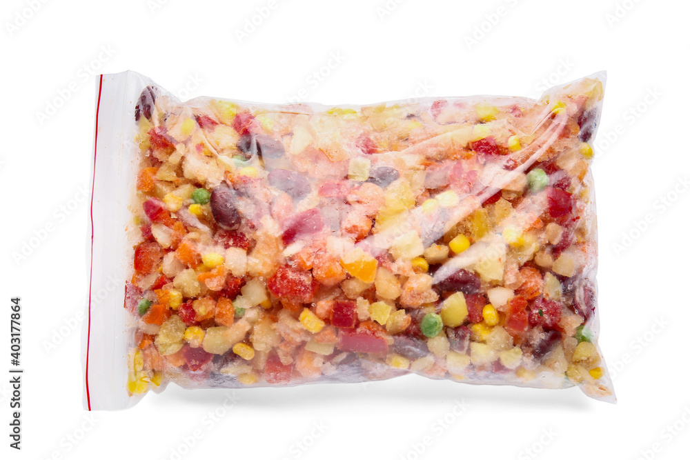 Frozen vegetables in plastic bag on white background