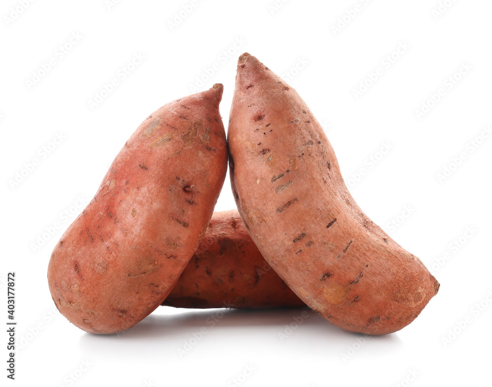 Fresh sweet potatoes on white background