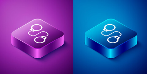 Sticker - Isometric Handcuffs icon isolated on blue and purple background. Square button. Vector.