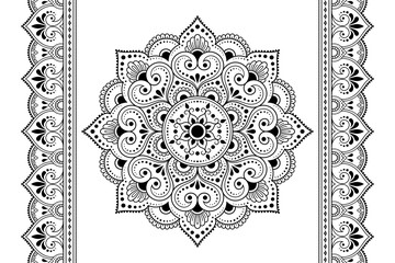 Set of mandala pattern and seamless border for Henna drawing and tattoo. Decoration in ethnic oriental mehndi, Indian style. Doodle ornament in black and white. Hand draw vector illustration.