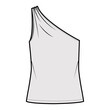 One-shoulder top tank technical fashion illustration with ruching, oversized body, tunic length hem. Flat outwear shirt apparel template front, grey color. Women, men unisex CAD mockup