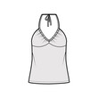 Top V-neck halter tank technical fashion illustration with empire seam, thin tieback, oversized, bow, tunic length. Flat outwear template front, grey color. Women men unisex CAD mockup