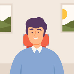 Sticker - Smiling Man Communicating Online from Home, Video Call, Online Meeting, Chatting by Internet, Quarantine, Isolation Concept Cartoon Vector Illustration