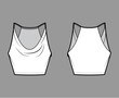 Tank low cowl Crop Camisole technical fashion illustration with thin adjustable straps, slim fit, waist length. Flat outwear top template front, back, white color. Women men unisex CAD mockup