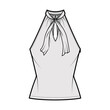 Top V-neck halter tank technical fashion illustration with tie, wrap, slim fit, bow, tunic length. Flat outwear template front, grey color. Women men unisex CAD mockup