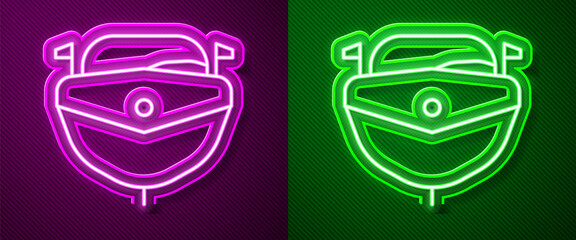Glowing neon line Speedboat icon isolated on purple and green background. Vector Illustration.