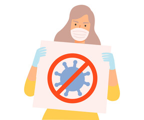 Sticker - Woman Wearing Protective Medical Face Mask and Gloves Protesting against Virus Spread Cartoon Style Vector Illustration