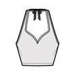 Tank halter sweetheart neck Crop top technical fashion illustration with bow, slim fit, waist length. Flat apparel outwear template front, grey color. Women men unisex CAD mockup