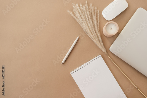 Obraz Dibond Flatlay of spiral flip notebook with blank paper sheet. Laptop, pampas grass, stationery on beige peachy pastel background table. Minimalist home office desk workspace. Top view mockup copy space.