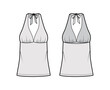 Top empire seam and tieback halter tank technical fashion illustration with close-fitting shape, oversized. Flat apparel shirt outwear template front, back, grey color. Women men unisex CAD mockup