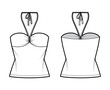 Top bandeau neck halter tank cotton-jersey technical fashion illustration with thin tieback, slim fit, bow, tunic length. Flat outwear template front, back, white color. Women men unisex CAD mockup