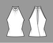 Top banded high neck halter tank technical fashion illustration with wrap, slim fit, tunic length. Flat apparel outwear template front, back, white color. Women men unisex CAD mockup