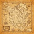 © Vector Tradition - North America continent ancient map with mountain ranges, rivers and lakes names, mythological sea beasts, medieval caravel ship vector. United States of America territory map on aged, old paper