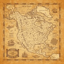 North America Continent Ancient Map With Mountain Ranges, Rivers And Lakes Names, Mythological Sea Beasts, Medieval Caravel Ship Vector. United States Of America Territory Map On Aged, Old Paper