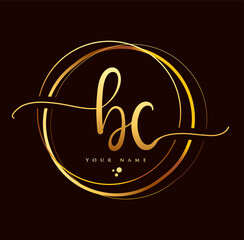 BC Initial handwriting logo golden color. Hand lettering Initials logo branding, Feminine and luxury logo design isolated on black background.