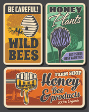 Beekeeping Farm And Honey Production Retro Posters. Bees Hive Or Nest, Clover Flowers And Tree, Wooden Dipper With Dipping Fresh Honey Vector. Wild Bees Danger Beware Warning, Plants Seeds Shop Banner