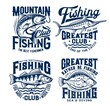Fishing sport t-shirt prints set. Vector salmon, perch, flounder and marlin, mascot for sea adventure club. Nautic grunge t-shirt emblem, ocean sports team apparel template design with fishes on waves