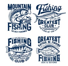 Fishing Sport T-shirt Prints Set. Vector Salmon, Perch, Flounder And Marlin, Mascot For Sea Adventure Club. Nautic Grunge T-shirt Emblem, Ocean Sports Team Apparel Template Design With Fishes On Waves