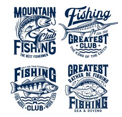 Fishing sport t-shirt prints set. Vector salmon, perch, flounder and marlin, mascot for sea adventure club. Nautic grunge t-shirt emblem, ocean sports team apparel template design with fishes on waves