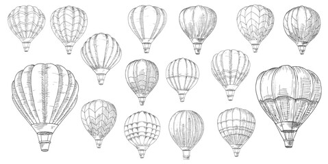 Wall Mural - Retro hot air balloons sketches. Vintage lighter than air aircraft, balloon with inflated hot propane gas or helium envelope bag and wicker basket or gondola hand drawn sketch vector set