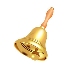 Golden Bell With A Wooden Handle. Vector Isolated Image On White Background.