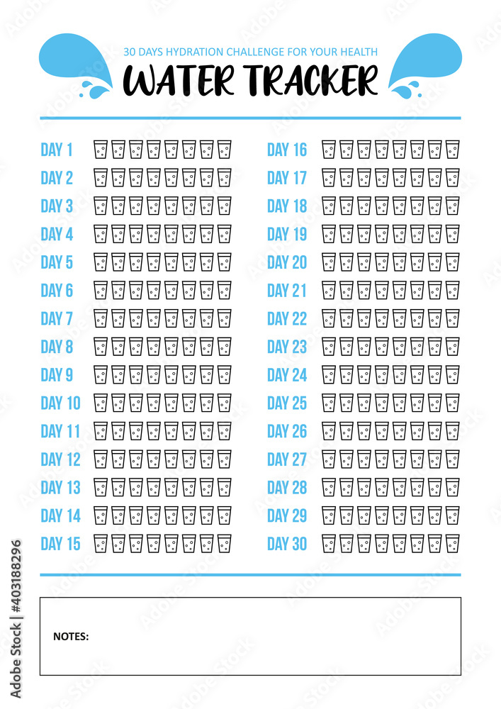 Water tracker. Printable A4 template. 30 days of hydration challenge. Drinking enough water concept. Stock Vector | Adobe Stock water-tracker-printable-a4-template-30-days-of-hydration-challenge-drinking-enough-water-concept-stock-vector-adobe-stock